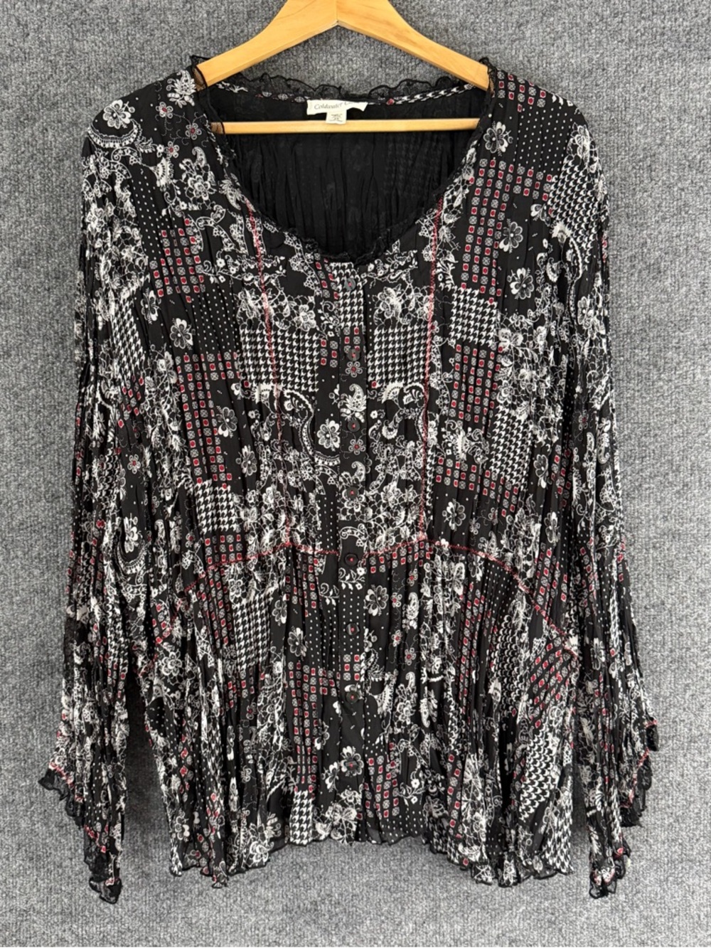 Coldwater Creek Womens Floral Patchwork Button Up Top Black Crinkle Boho Office